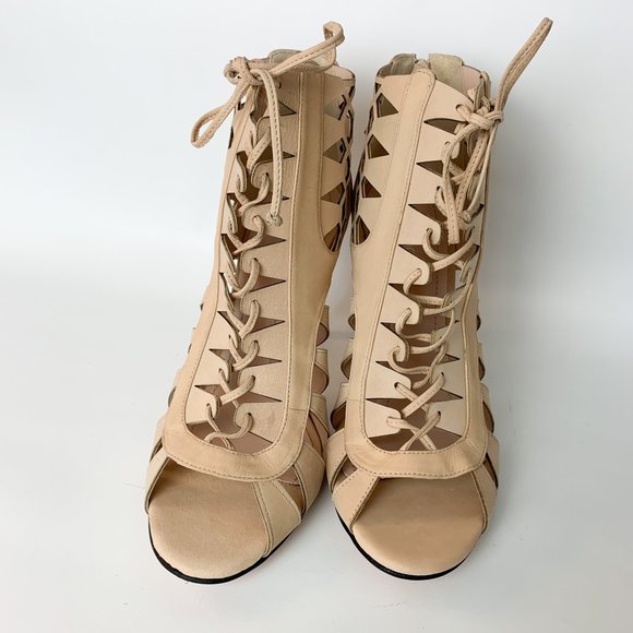 Anthropologie Klub nico cream lace up heels peep toe 9 - Picture 10 of 10